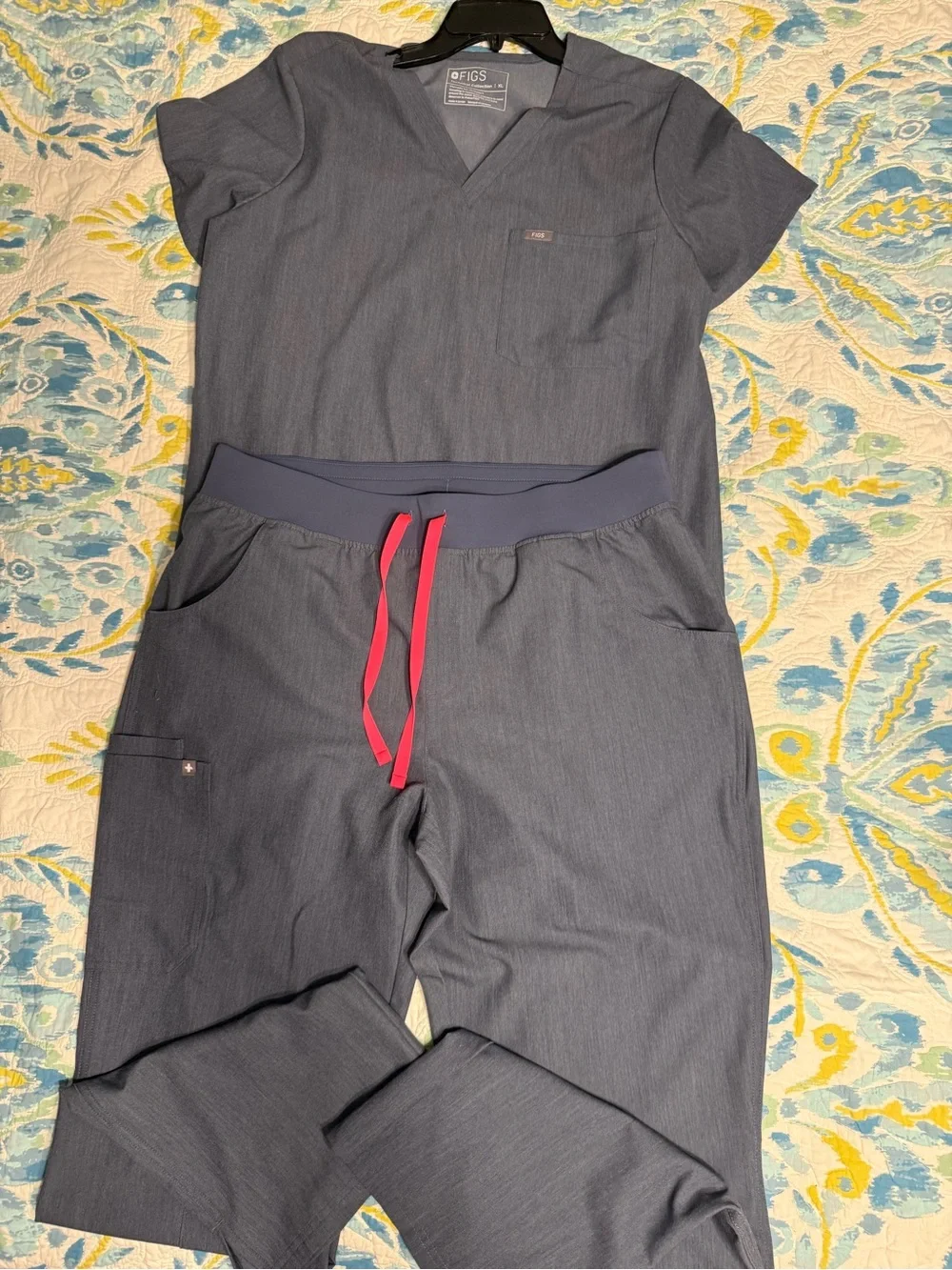 Figs Slate Blue Scrub Set with Pink Drawstring